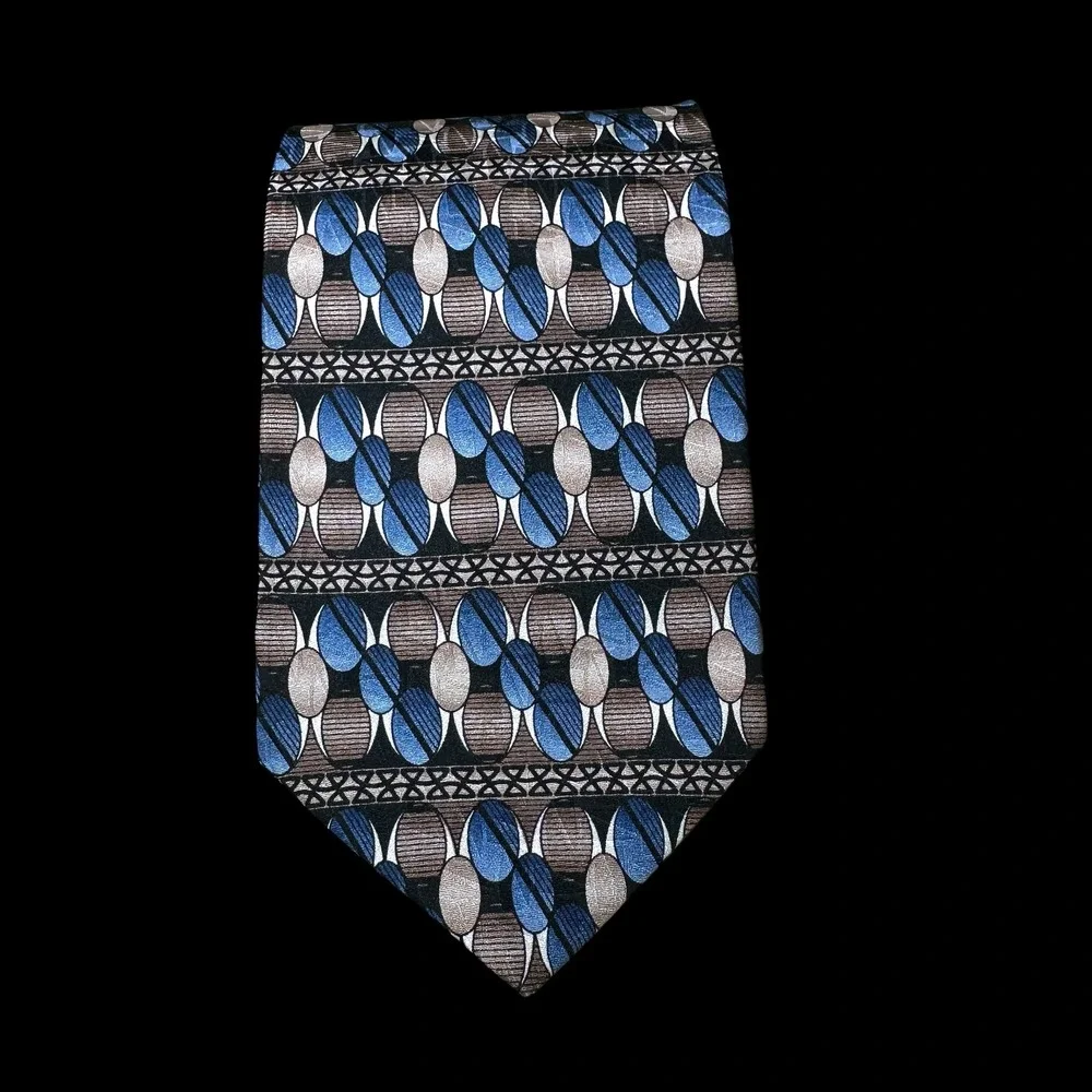 Pierre Balmain Couture Mens Silk Tie Blue Brown Geometric Abstract Pattern